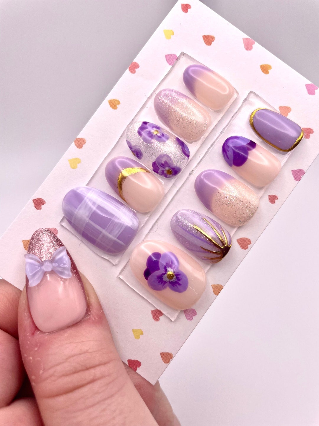Purple Pansy Press on Nails Luxury Nails Handmade Set Custom 3D Nail
