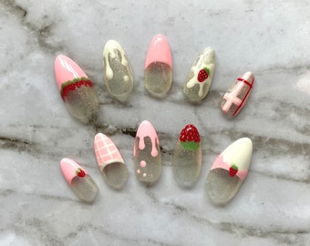 Strawberry Milk Press On Nails | Luxury Nails | Handmade Set | Custom | 3D Nail Art | Almond Nails | False Nails