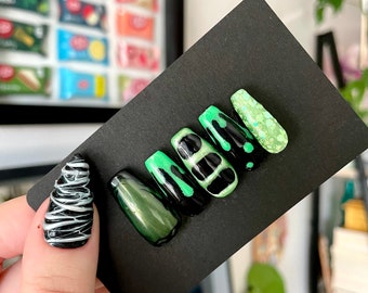 Slime Time - Halloween 2023 Collection | Press On Nails | Luxury Nails | Handmade Set | Custom | 3D Nail Art | Almond Nails | False Nails