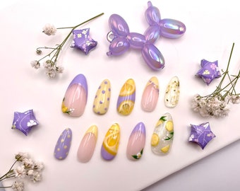 Lavender Lemon Press On Nails | Luxury Nails | Handmade Set | Custom | 3D Nail Art | Lemon Nails | Lavender Nails