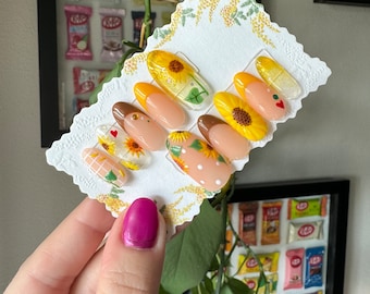 Kunstnagels met zonnebloemmotief | Luxe nagels | Handgemaakte set | Op maat gemaakt | 3D nagelkunst | Zonnebloemnagels | Kunstnagels