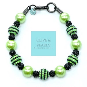 The &quot;Wednesday&quot; Lime Green Pearl Dog Collar: Halloween Pet Necklace