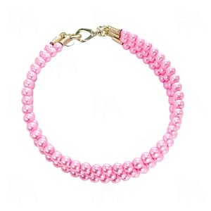 May include: A multi-strand necklace composed of numerous small, glossy, light pink spherical beads. The strands are gathered at each end by gold-toned metal caps and connected by a matching gold-toned lobster claw clasp mechanism.