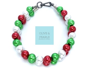 The "Joy" Pearl Bead Christmas Dog Collar: Red, Green, and White