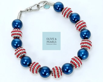 Pearl Dog Collar: Red, Silver Rhinestone & Blue Beaded Pet Necklace