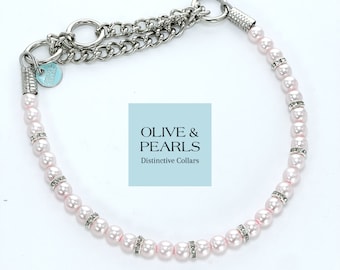 Pink Pearl Dog Collar, Rhinestone Accent, Handmade Pet Necklace