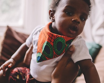 African Print Bandana Bib, Orange Blue Green Dribble Bib