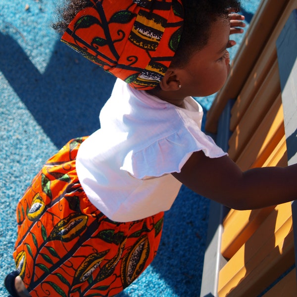 African Print Baby Girl Skirt & Matching Headwrap, Orange Green Yellow Skirt