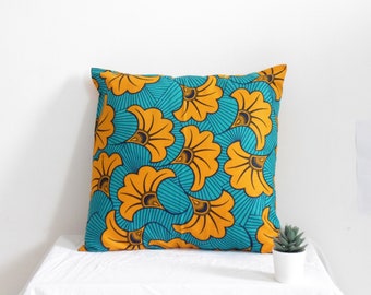 African Print, Cushion Cover, Ankara Cushion Cover (to fit 18x18ins insert), Envelope Style Cushion Cover - Teal