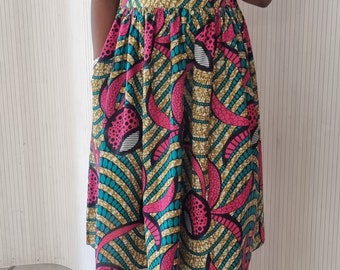 Handmade African Wax Print Skirt, Tropical Cotton Skirt with Pockets