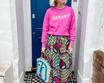 Handmade African Wax Print Maxi Skirt, Cotton Tropical Skirt with Pockets
