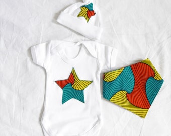 African Print Baby Gift Set, Vest, Hat and Bandana Bib New Baby Gift