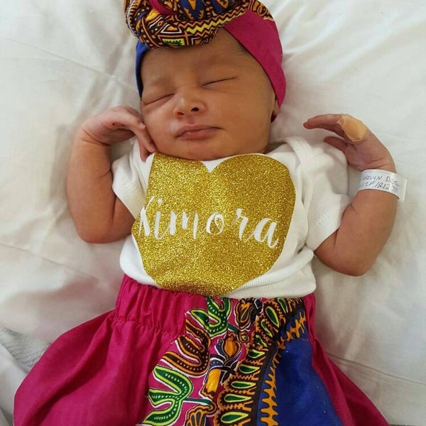 Jupe bébé fille à imprimé africain et turban assorti (nouveau-né - 3 ans), dashiki rose, violet, orange, rouge ou bleu ou imprimé kente