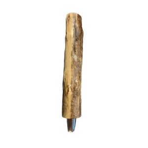 May include: A wooden beer tap handle with a natural wood finish and a metal tap.