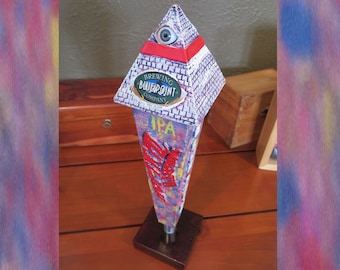 197 - Original BLUE POINT Hoptical Illusion IPA Beer Tap Handle w/ Hand-Made Wood Display Base!  Bizarre and Very Cool!