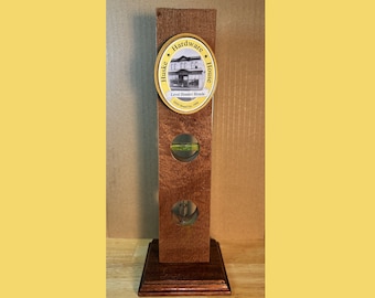 280 - Original HUSKE HARDWARE HOUSE "Level Headed Blonde" Beer Tap Handle w/ Hand Made Mahogany Display Base
