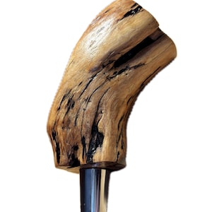 May include: A handcrafted bottle stopper featuring a unique, curved design made from natural wood. The wood has a light brown color with dark streaks and a polished finish. The stopper has a stainless steel base.