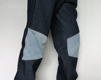 Mens Patchwork Jeans, Unique Reworked Male Blue Jeans , Patched High Waist Dark Denim Trousers