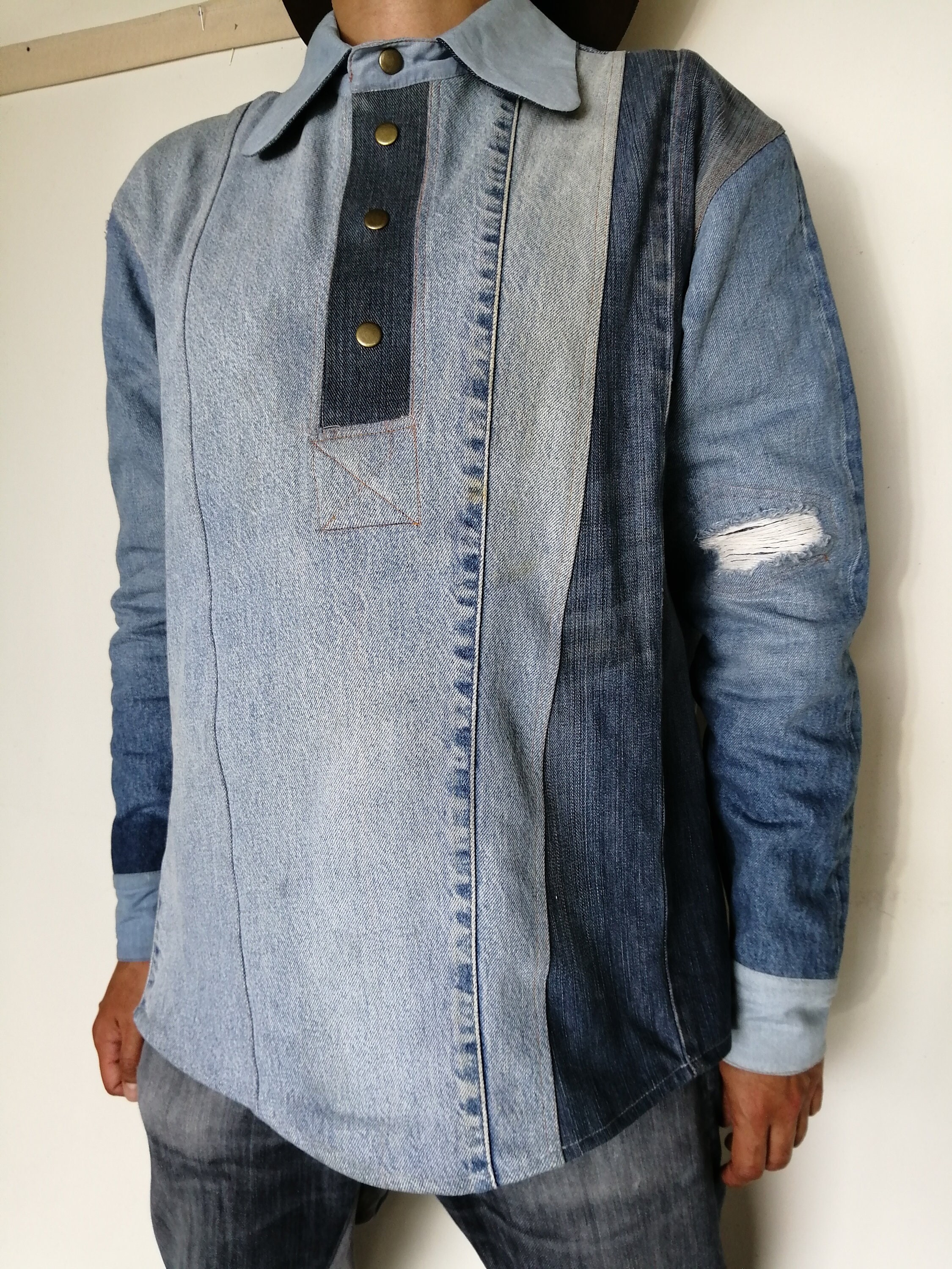 Patched Jeans Shirt Mens Denim Shirt 
