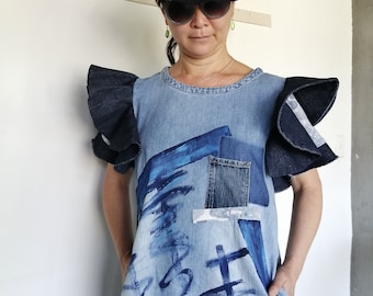 Mini Denim Dress w. Pockets Eco Chic Slow Fashion Puff Sleeve Dress Upcycled Clothing, Painted Jean Ruffle Women
