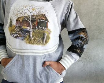 Handmade Kangaroo Pocket Sweatshirt, New Created Sweater with autumn scene patch, recycled materials