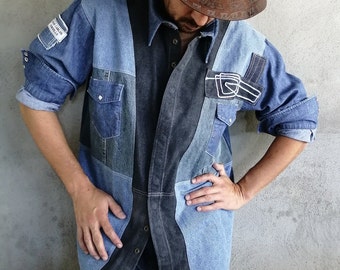 Denim Button Up Shirt Mens Womens, Unisex Design Patchwork Denim Fabric Shirt Size L, Unique Upcycled Fashion Clothing