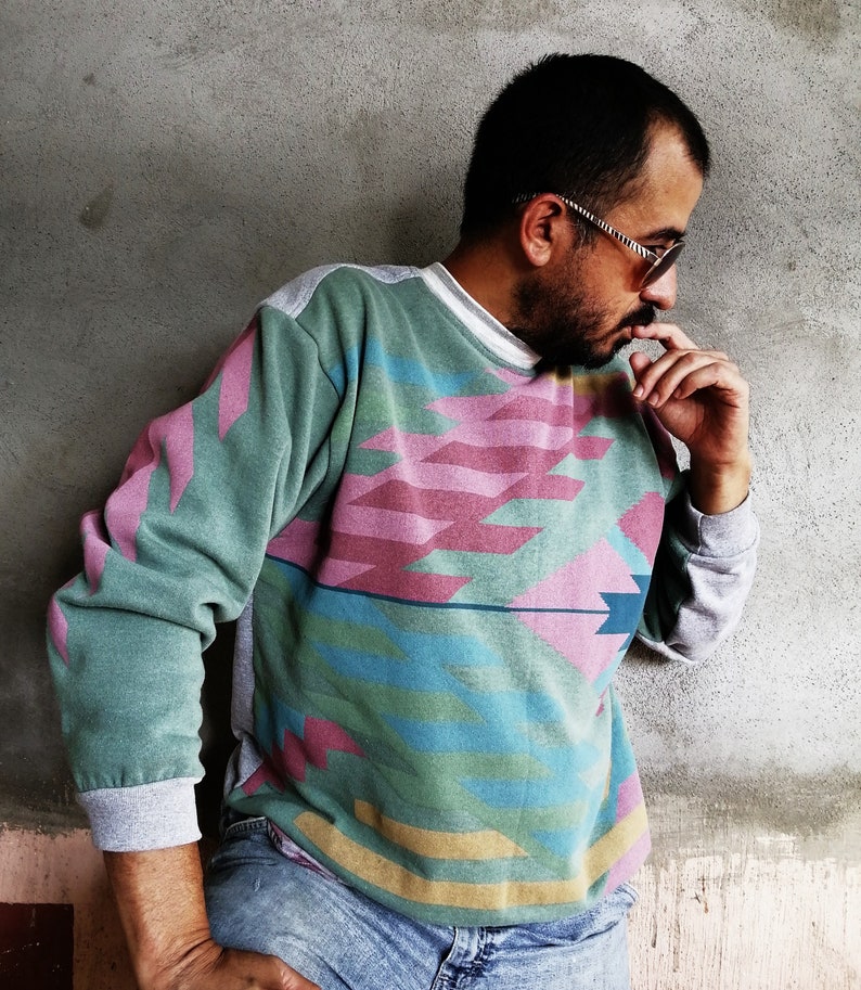 Sweater Weather Shirt Upcycling, Recycled Unisex Sweatshirt with Ethnic-Shaped Graphics in Pink and Blue Tones image 1