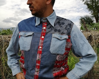 Denim Western Shirt Men Women Ethnic Pattern Embellished Country Festival Outfit, Latina Power Guatemala Artisan Clothes