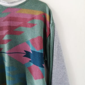 Sweater Weather Shirt Upcycling, Recycled Unisex Sweatshirt with Ethnic-Shaped Graphics in Pink and Blue Tones image 5