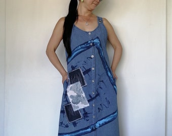 Denim Dresses Sleeveless Maxi Shirt Dress Unique, Painted Redesigned Blue Jean Strap Tank Patched w. Pockets