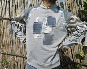 Upcycled Patchwork Cotton Sweatshirt with Fringes, Unique Boho Clothing, Collar Sweater with Reused Fabrics