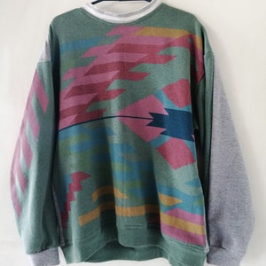 Sweater Weather Shirt Upcycling, Recycled Unisex Sweatshirt with Ethnic-Shaped Graphics in Pink and Blue Tones image 3