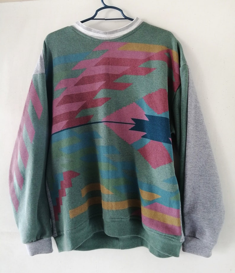 Sweater Weather Shirt Upcycling, Recycled Unisex Sweatshirt with Ethnic-Shaped Graphics in Pink and Blue Tones image 3