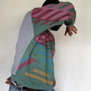 Sweater Weather Shirt Upcycling, Recycled Unisex Sweatshirt with Ethnic-Shaped Graphics in Pink and Blue Tones image 4