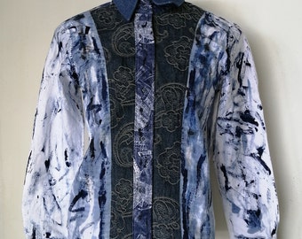 Street Fashion Blouse Designer Denim Shirt Women Painted Blouse Unique Liberty Where Gift for Ladies w. Recycled Fabric