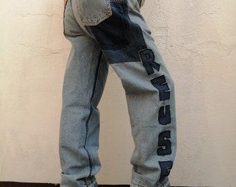 Upcycled Jeans Men Unique Patchwork Blue Pants, Handmade Denim Trousers Reused Reworked,