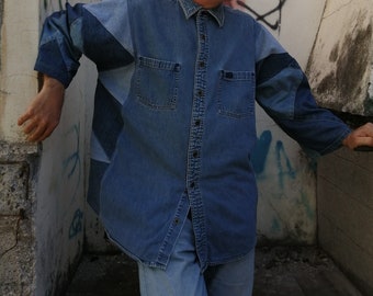Handmade Clothing Denim Patchwork Shirt Upcycled Jean Shirt Unisex, OOAK Wide Sleeve Double Breast Pocket Top