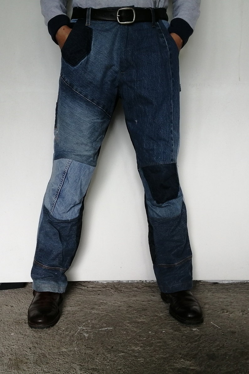 Upcycled Blue Jeans Pants High waist patched Jeans Patchwork Jeans Unique Mom Jeans Trousers