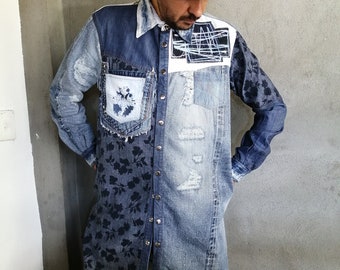 Mens Denim Shirt Patchwork Jeans Repurposed, Fit Loose Western Clothing Size L, Unique Light Distressed Classic Upcycle
