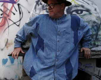 Hipster Patchwork Denim Shirt XL, Upcycled Jean Shirt, Long Sleeve Denim Button down Unisex Clothing