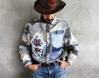 Aztec Flannel Shirt, Upcycled Ethnic Print Jacket, Embellished Aztec Tribal Clothing Unisex Country Style Jacket