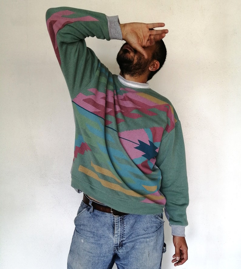 Sweater Weather Shirt Upcycling, Recycled Unisex Sweatshirt with Ethnic-Shaped Graphics in Pink and Blue Tones image 2