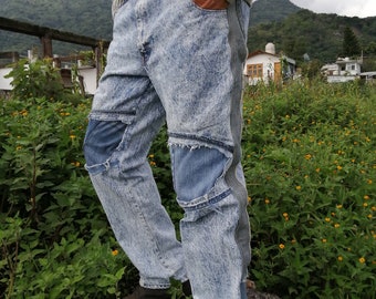 Upcycled Denim Jeans Mens Acid Wash Streetwear Jeans W36 Unique Knee Patches, Bleached Custom Repurposed, Upcycled Designer