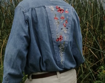 Upcycled Denim Shirt Chambray Shirt Unique Embroidered Cut Light, Long Sleeve Button Down Floral Patch Ribbon