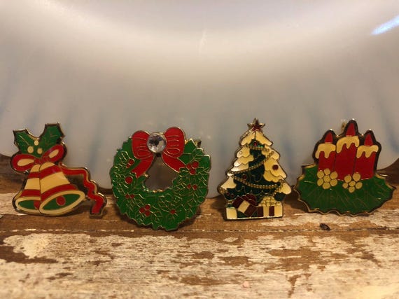 Four Enamel Christmas Brooches/Pins Wreath Christmas Tree Candles Bells Lot