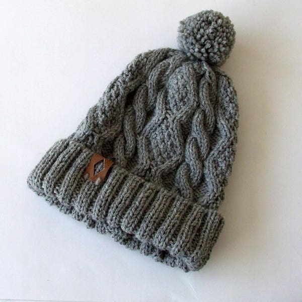 Bonnet en laine épaisse, bonnet tricoté à la main avec pompon, bonnet torsadé gris