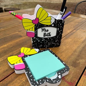 Composition Notebook Pencil Bow Teacher Gift | Pen Holder | Post-it Note Tray | Keychain | NFC | Desk Organizer | Education Appreciation