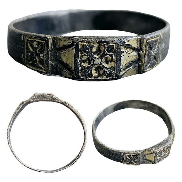 Silver-gilt Medieval finger ring with saltire cross's circa 12th century AD, metal detecting find, history gift, Vintage