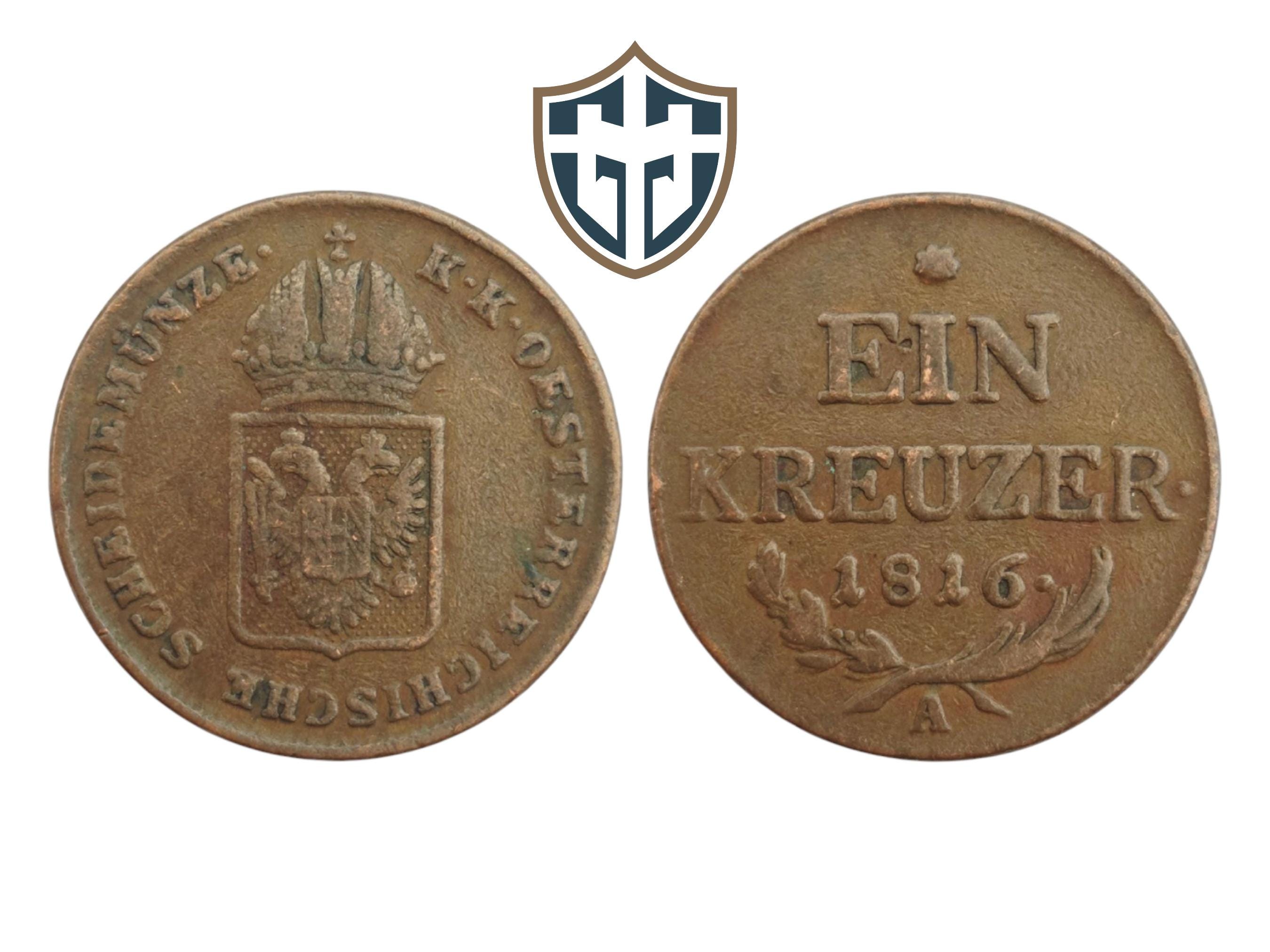 PRIN　オーストリア製　　カミニスキー Copper Austria King Francis I, 1 Kreuzer Coin Circa 1816 AD, Metal