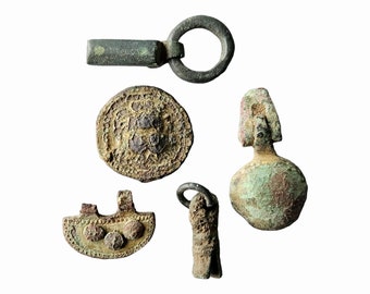 X5 Copper alloy Medieval-Tudor artefact lot circa 12th-15th century AD, metal detecting find, history gift, Vintage